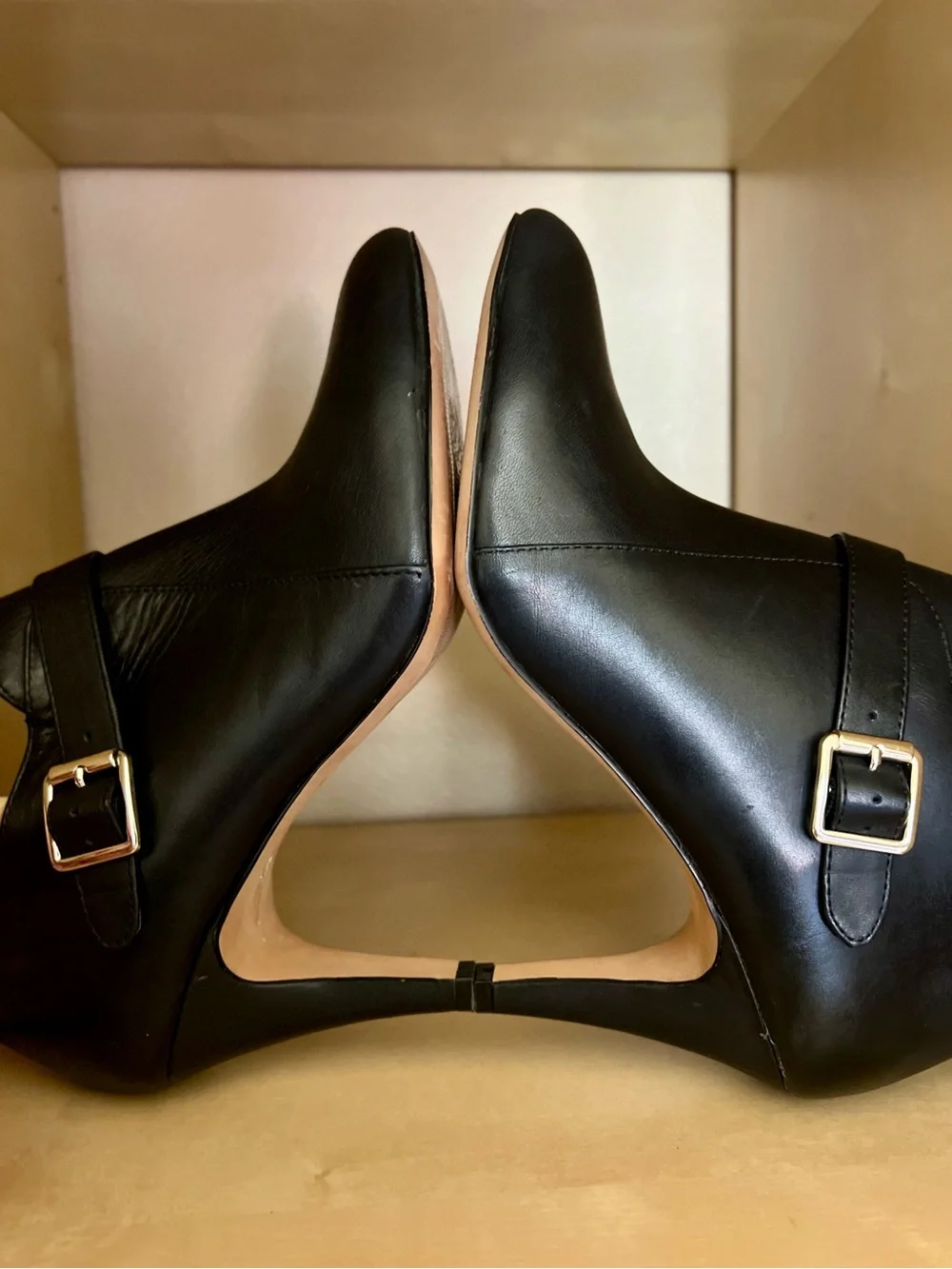 Vince Camuto Vonilesa Black Leather Ankle Stiletto Booties with Gold Buckle